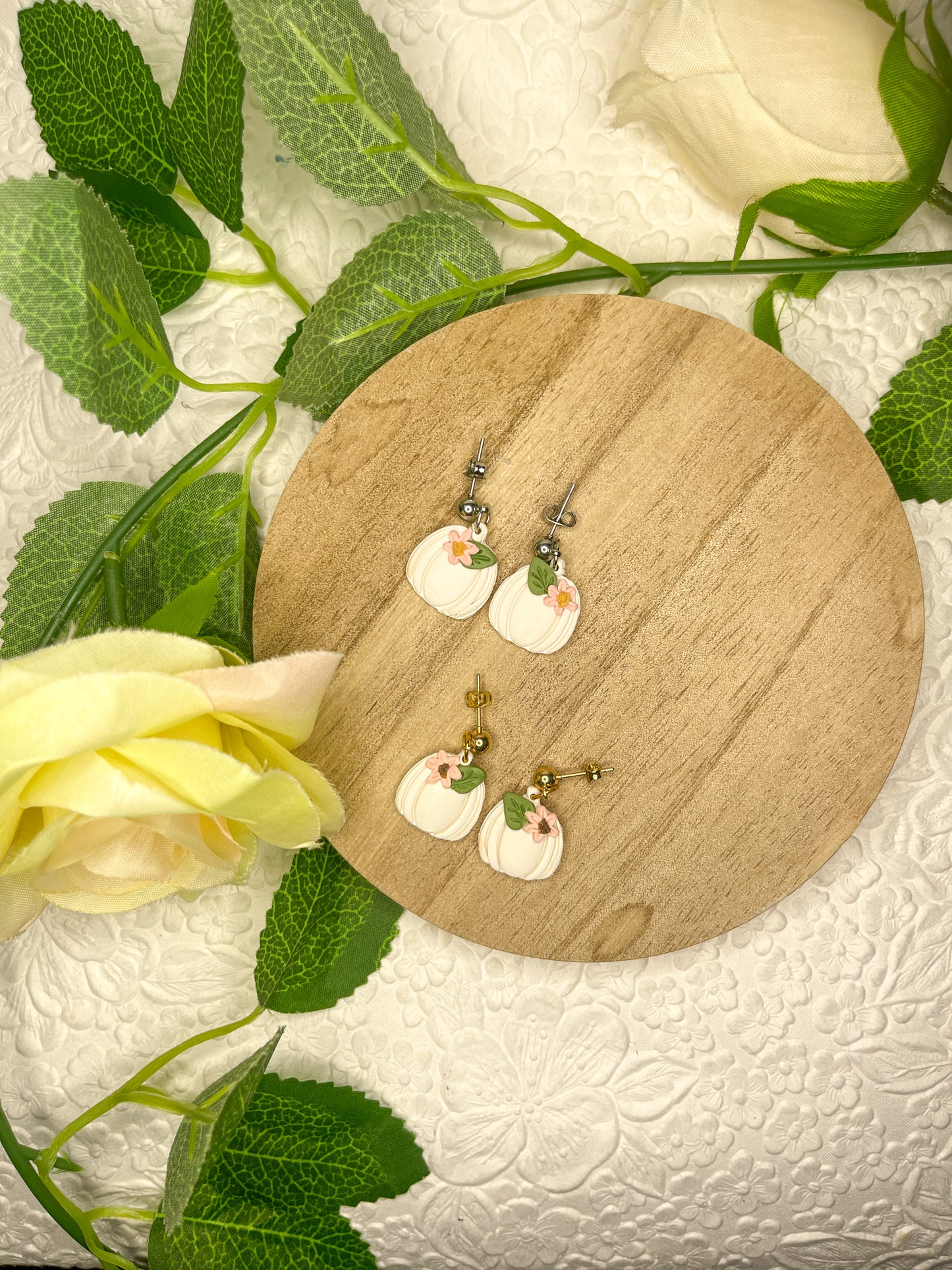 Pink Floral Pumpkin | Polymer Clay Earrings