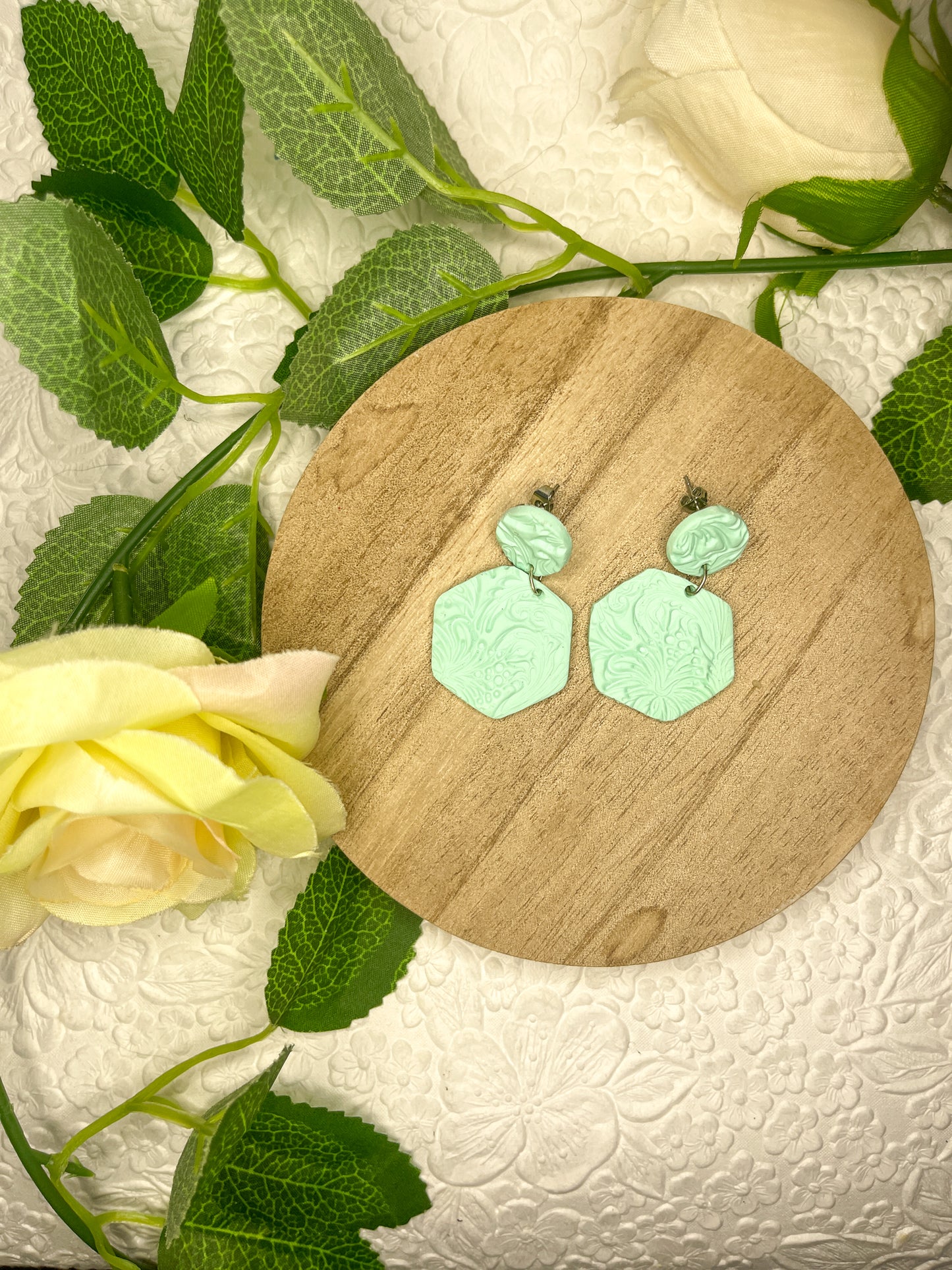 Mint Textured Polygon | Polymer Clay Earrings