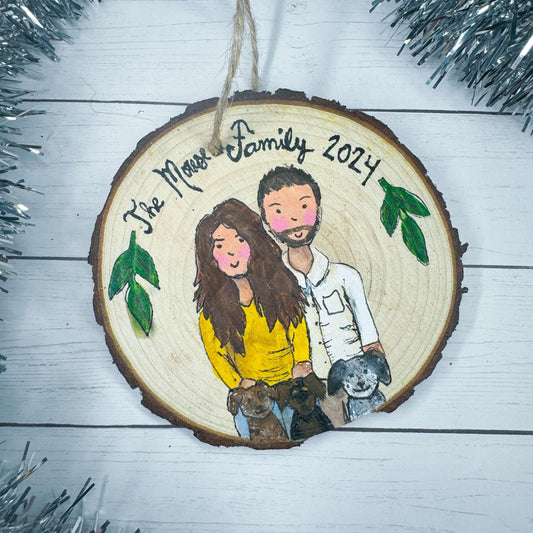 Custom Family Portrait | Hand-painted Ornament on Raw Wood Slice