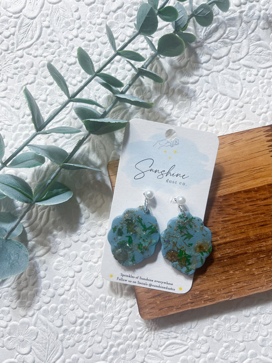 Blue on Blue Pressed Flowers | Polymer Clay Earrings