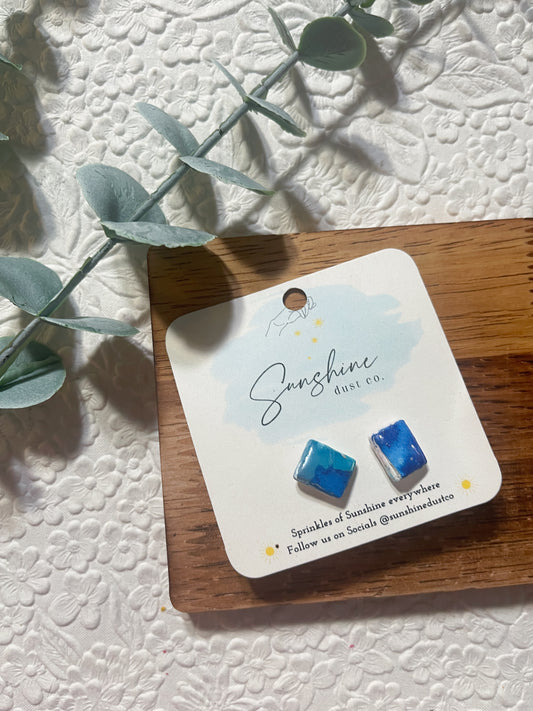 Blue Marbled Square Stud | Polymer Clay Earrings
