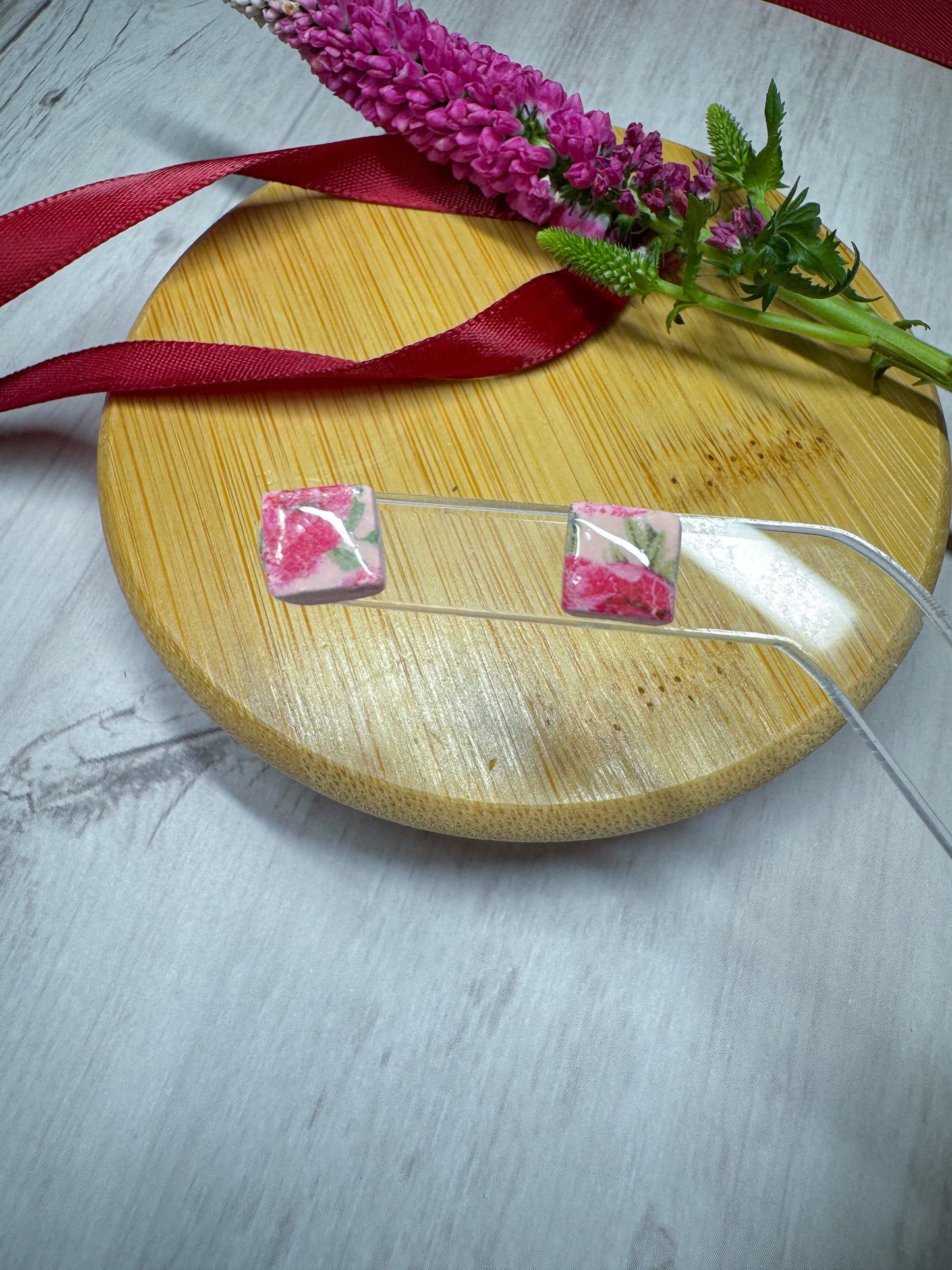 Floral Square Pink Stud | Polymer Clay Earrings