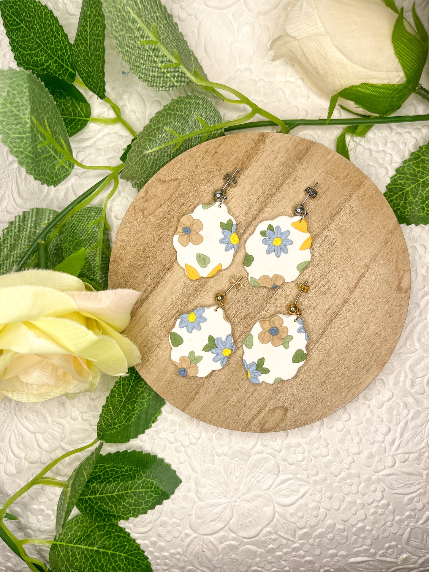Blue, Yellow, & Neutral Floral | Polymer Clay Earrings